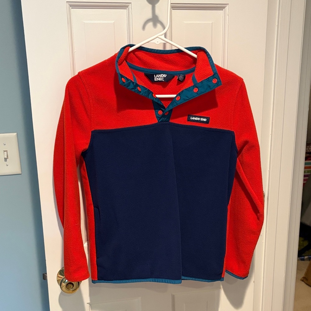 Lands' End Kids Heritage Red and Navy Fleece Snap Neck Pullover